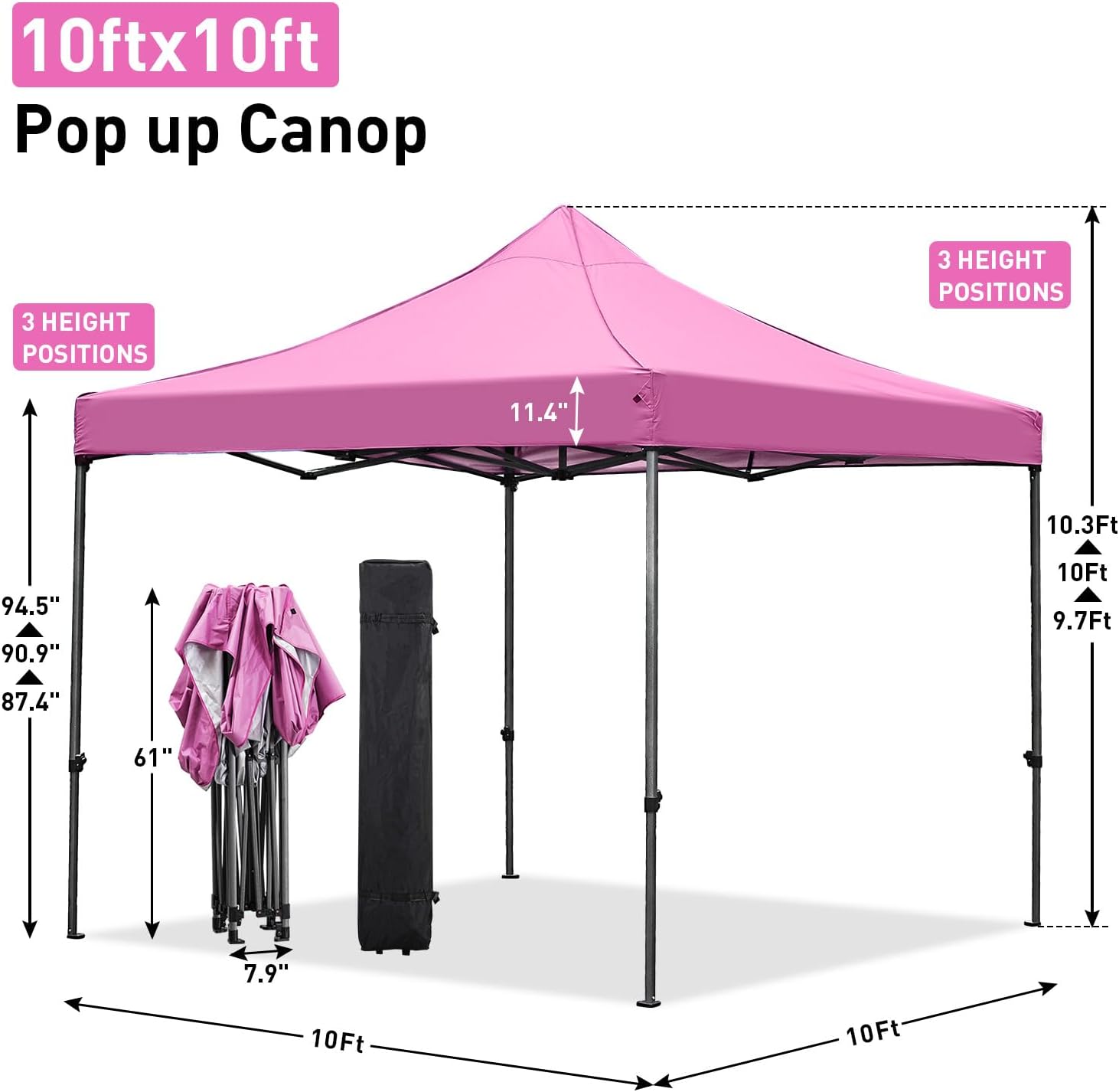 GDY 10x10 Ft Steeple Outdoor Pop Up Canopy Tent, Commercial Portable Instant Folding Gazebos, Patio Canopies with Wheel Bag, Pink.
