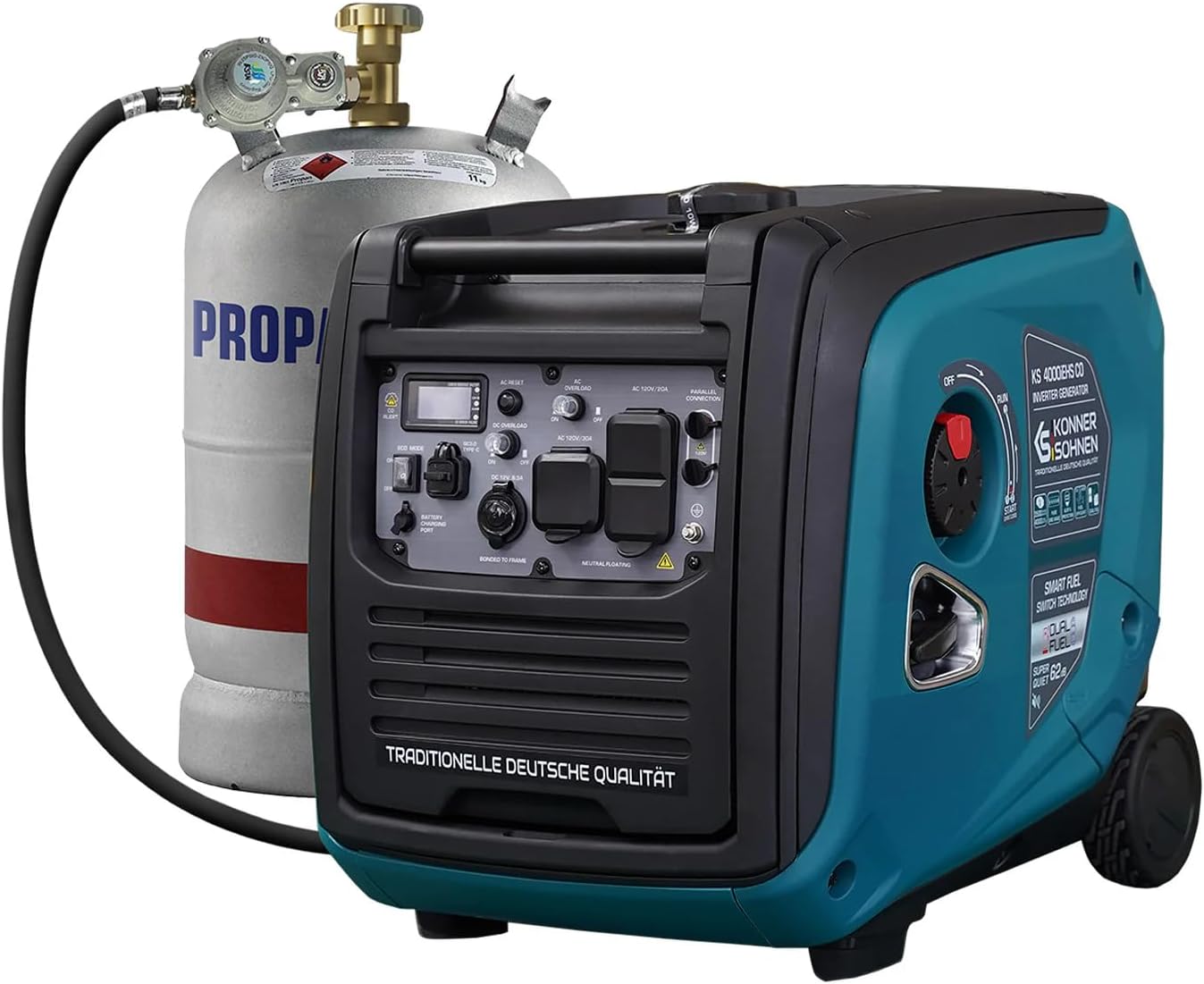 Konner&Sohnen Dual Fuel Inverter Generator - 4000 Watt, Portable and Lightweight, Super Quiet with CO Sensor, for Backup Home Use, Camping, RV, LPG/Gas Powered (German brand, model: KS 4000iEHS CO)