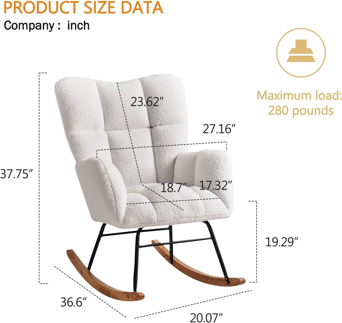 Rocking Chair Nursery, High Backrest Teddy Glider Rocker Upholstered Rocker Recliner Modern Rocking Accent Chairs for Bedroom, Living Room, Offices (Ivory)