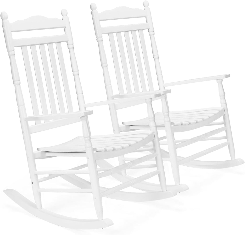 VINGLI Wooden Rocking Chair, Outdoor Chair with 450 lbs Support, Relaxing Rocker with Solid Wood High Back Seat Reclining Seat for Deck, Garden, Backyard, Porch, Indoor or Outdoor Use (White, 2PCS)