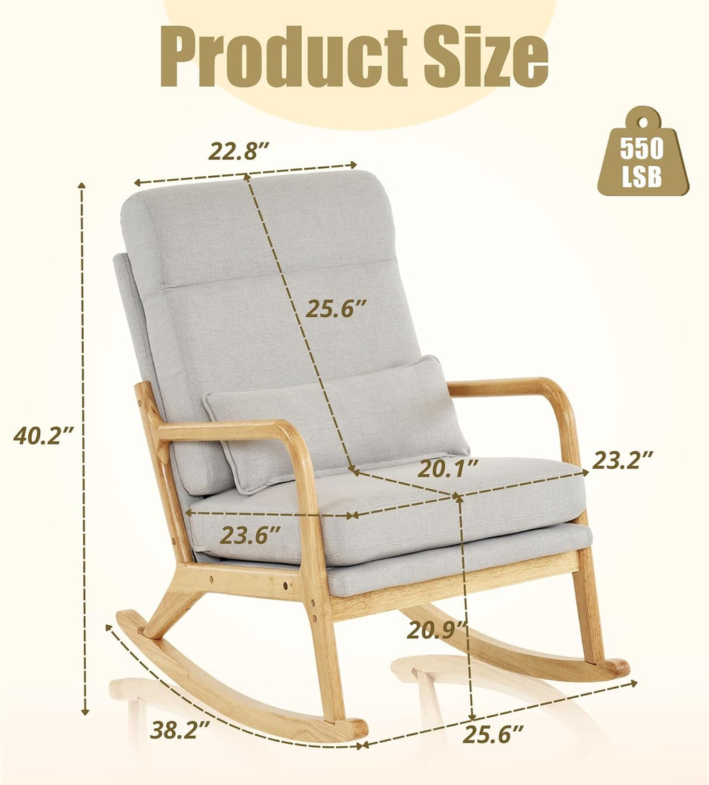 Karl home Nursery Rocking Chair Removable Glider Rocker High Backrest Rocking Armchair Mid-Century Accent Chair with Lumber Pillow for Bedroom, Living Room, Nursery, Light Gray