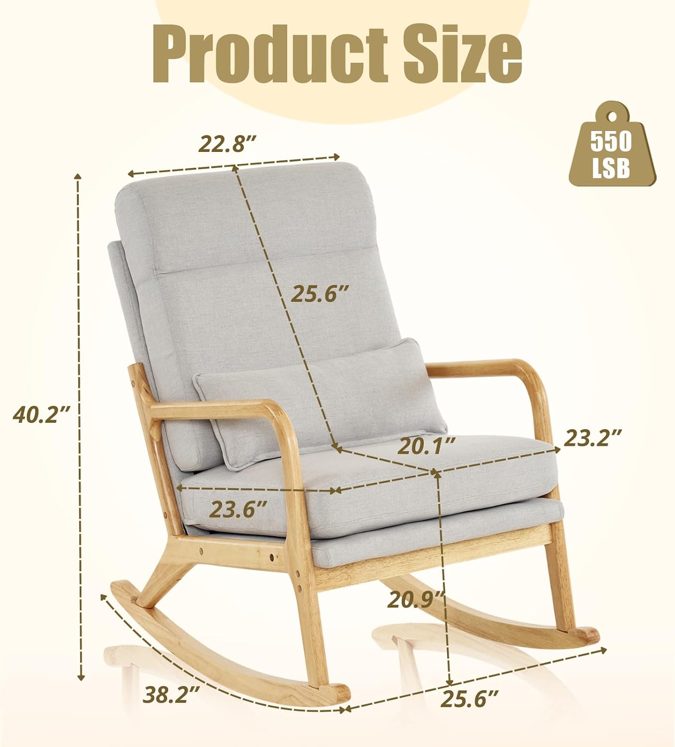 Karl home Nursery Rocking Chair Removable Glider Rocker High Backrest Rocking Armchair Mid-Century Accent Chair with Lumber Pillow for Bedroom, Living Room, Nursery, Light Gray
