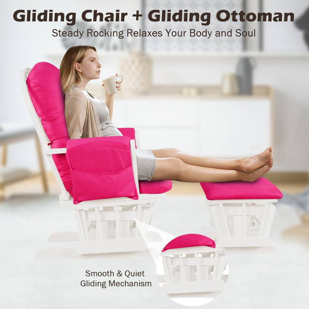 Costzon Nursery Glider with Ottoman, Upholstered Comfort Glider Rocker with Padded Cushion, Storage Pocket, Solid Wood Base, Rocking Chair Nursery for Breastfeeding, Napping (Deep Pink)
