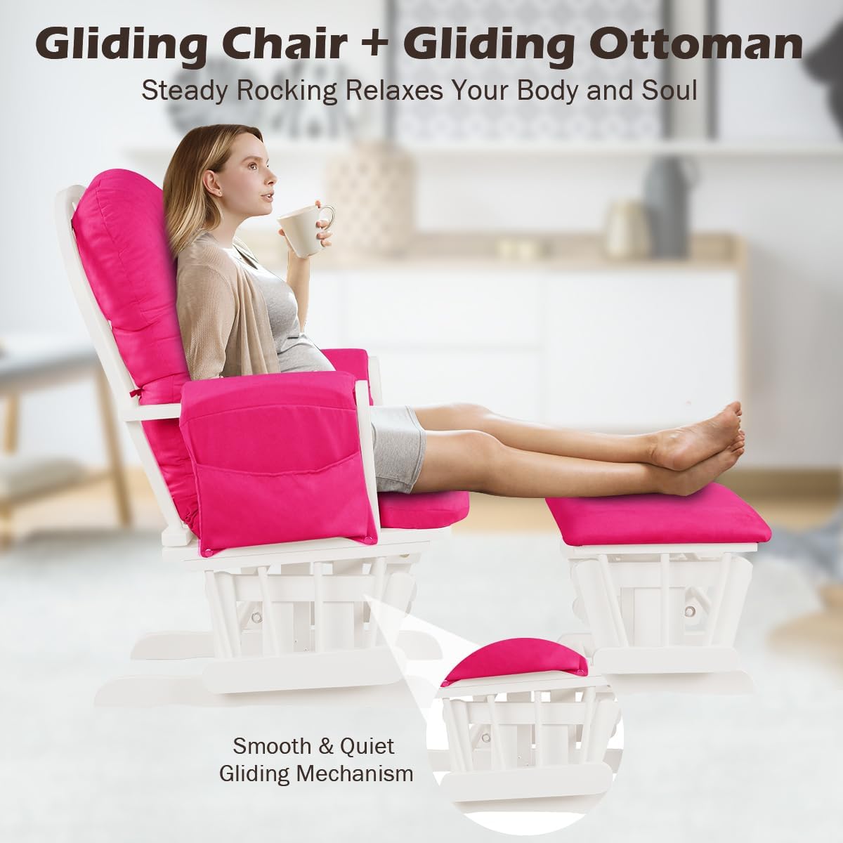 Costzon Nursery Glider with Ottoman, Upholstered Comfort Glider Rocker with Padded Cushion, Storage Pocket, Solid Wood Base, Rocking Chair Nursery for Breastfeeding, Napping (Deep Pink)