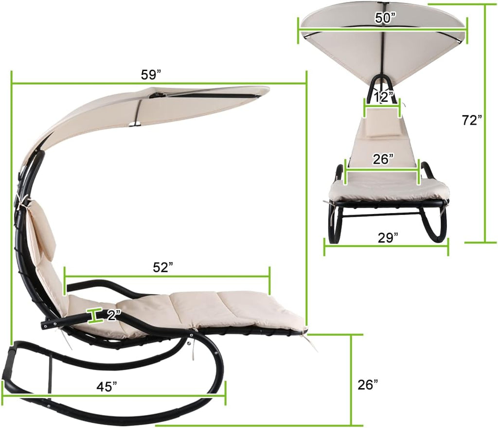 Outdoor Hammock Rocking Chaise Lounge Swing Chair, with Stand and Canopy, Porch Swing w/Soft Cushion Removable Headrest, Outdoor Recliner Rocking Chair for Garden Backyard Poolside (Beige)