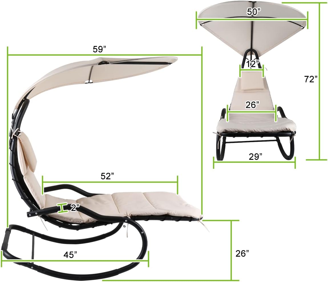Outdoor Hammock Rocking Chaise Lounge Swing Chair, with Stand and Canopy, Porch Swing w/Soft Cushion Removable Headrest, Outdoor Recliner Rocking Chair for Garden Backyard Poolside (Beige)