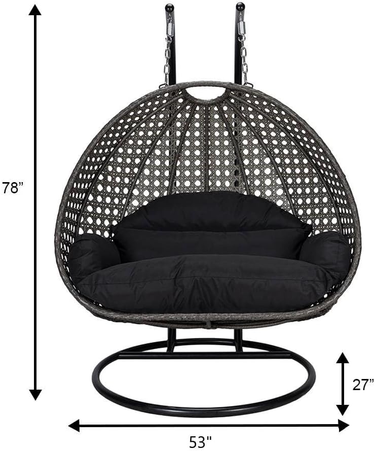 LeisureMod 2 Person Wicker Hanging Egg Chair with Stand & UV-Resistant Cushions for Indoor/Outdoor, Patio, Lounge, Hammock Seat, Black