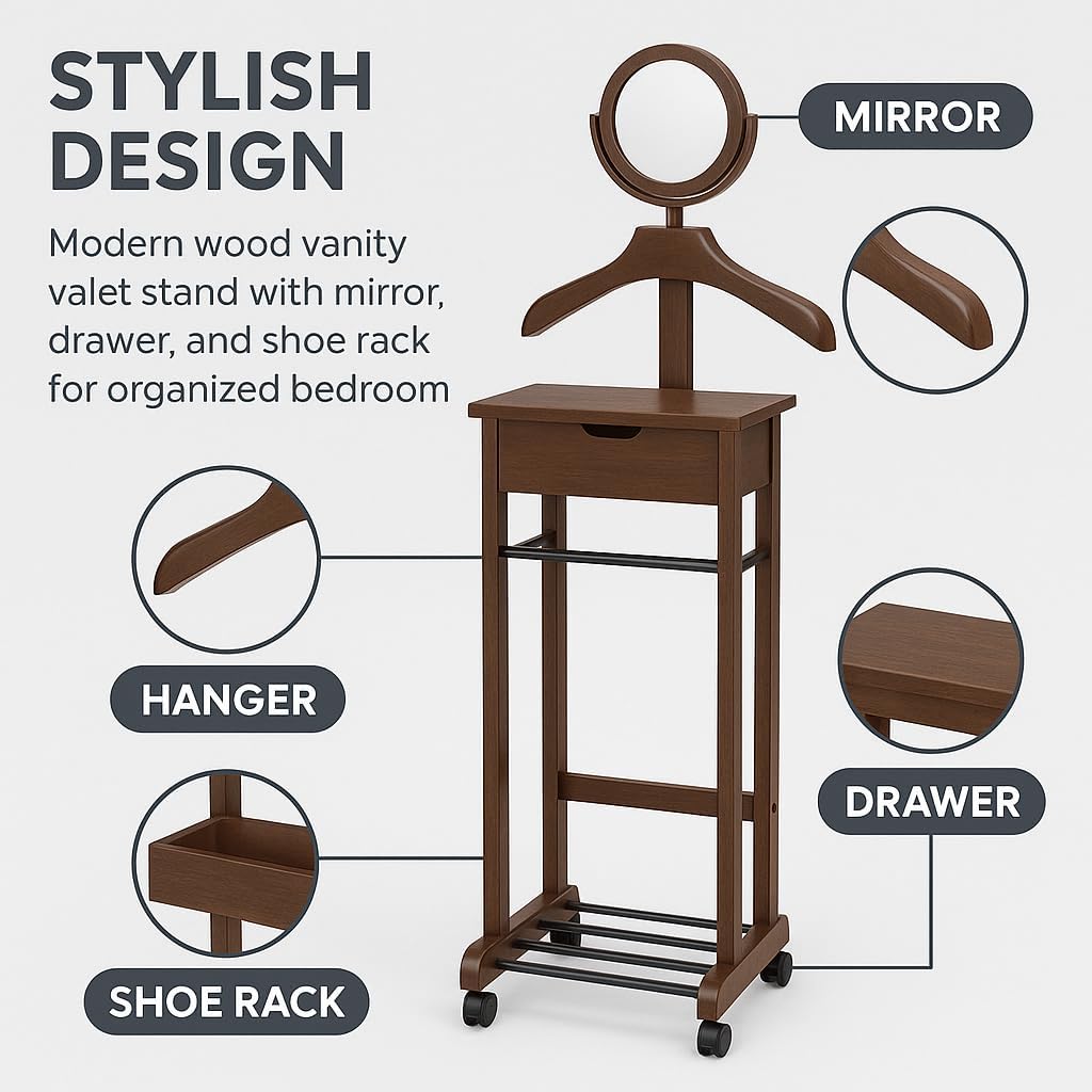 Ergode Mens Valet Stand – Clothes Valet, Suit Rack, Cloth Stand, Valet Chair & Jacket Display Organizer for Men's Clothing & Accessories (Walnut)