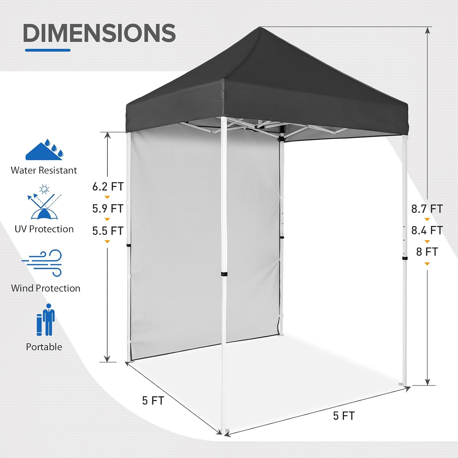 EAGLE PEAK Pop up Canopy 5x5, Outdoor Portable Canopy Tent with One Removable Sunwall, Carry Bag Included, Gray