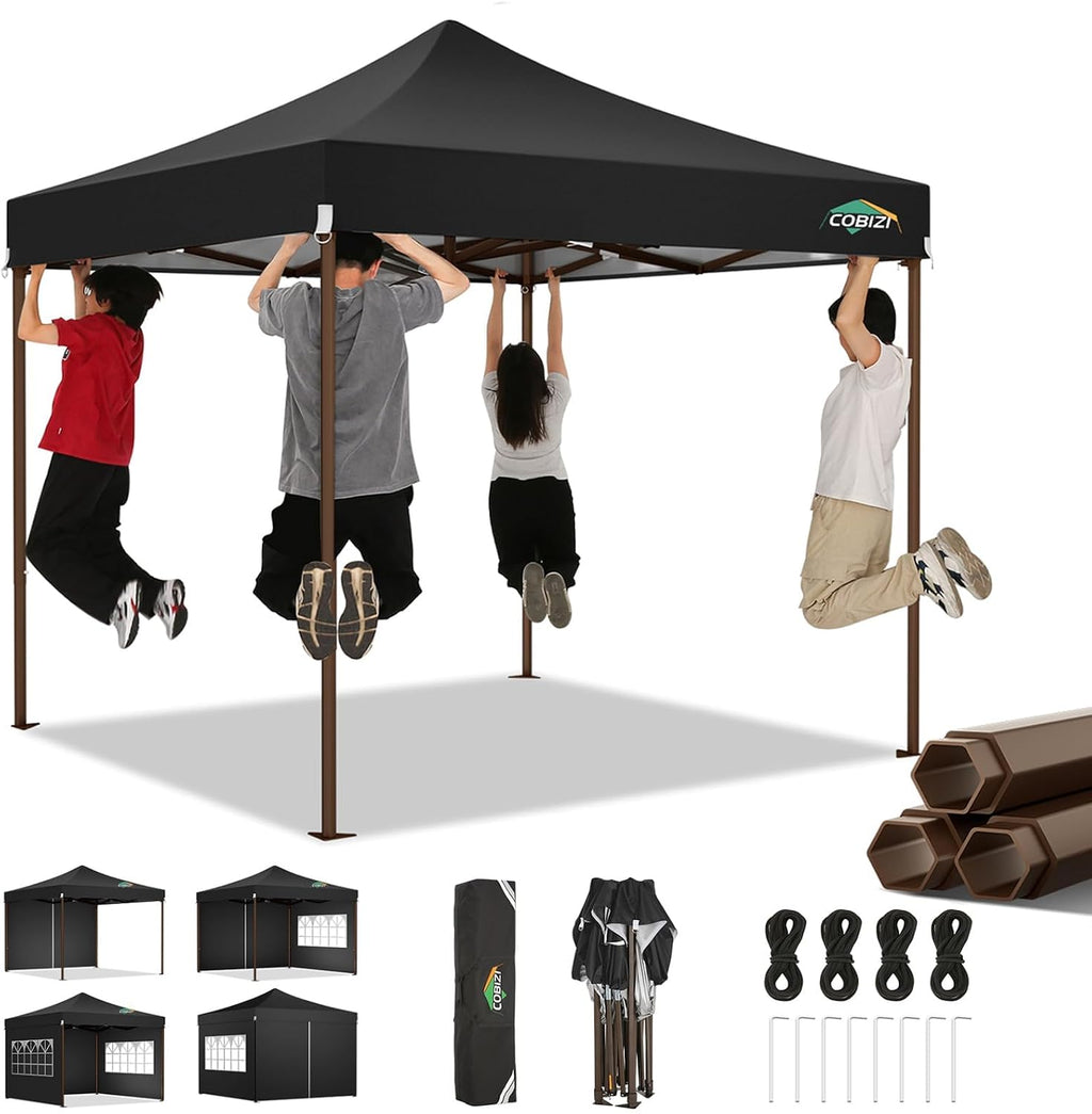 COBIZI 10x10 Pop Up Canopy Tent Heavy Duty with 4 Sidewall, Commercial Outdoor Easy Pop Up Gazebo for Party Wedding All Weather Waterproof UV 50+ with Carry Bag(Leg Upgraded),Black