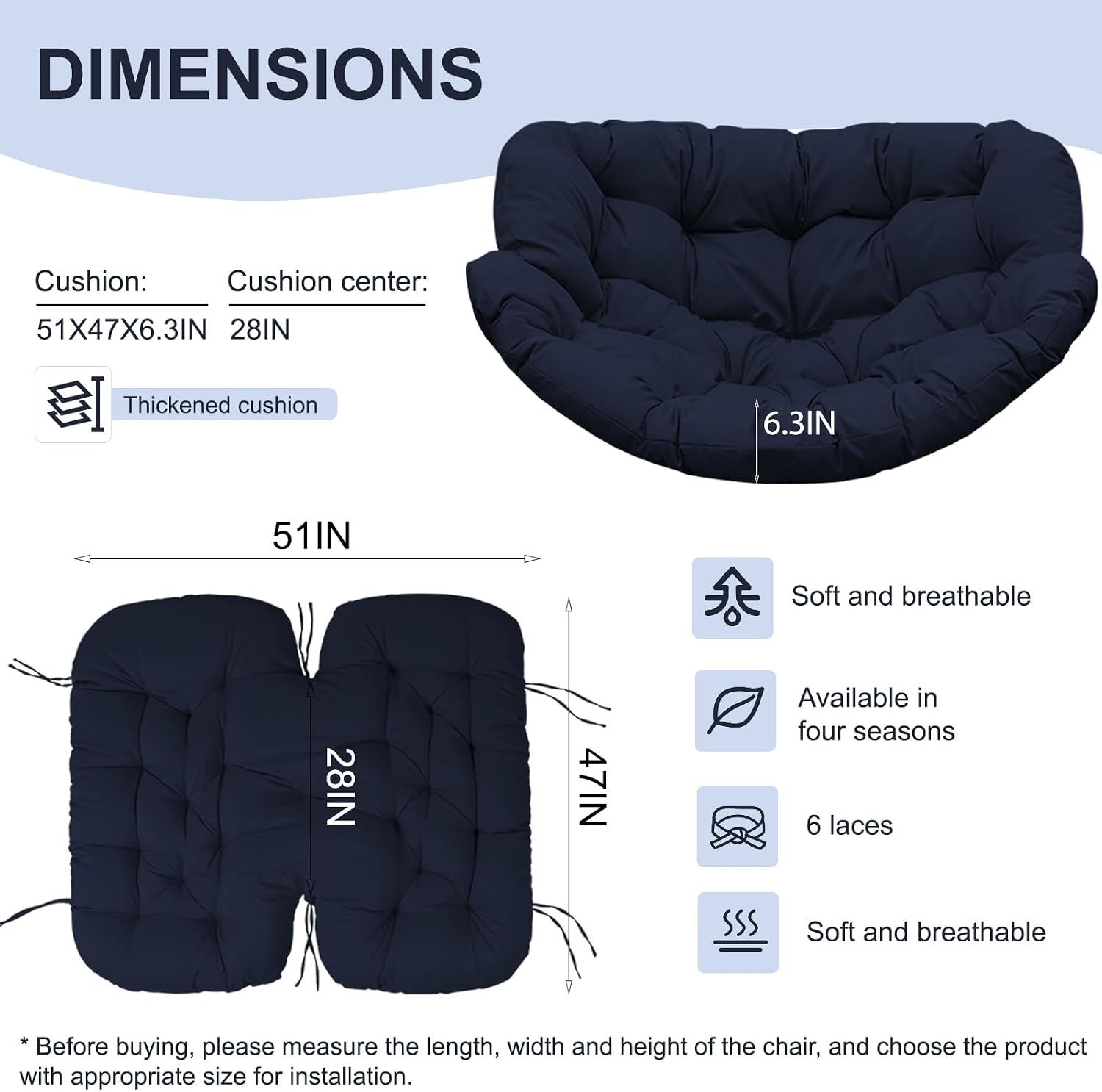 Outdoor Rocking Chair Cushion – Waterproof Wicker Egg Chair Replacement Pad, Thick Papasan Seat Cushion with Ties for Indoor & Outdoor Patio, Porch, Balcony, or Garden (Navy Blue)