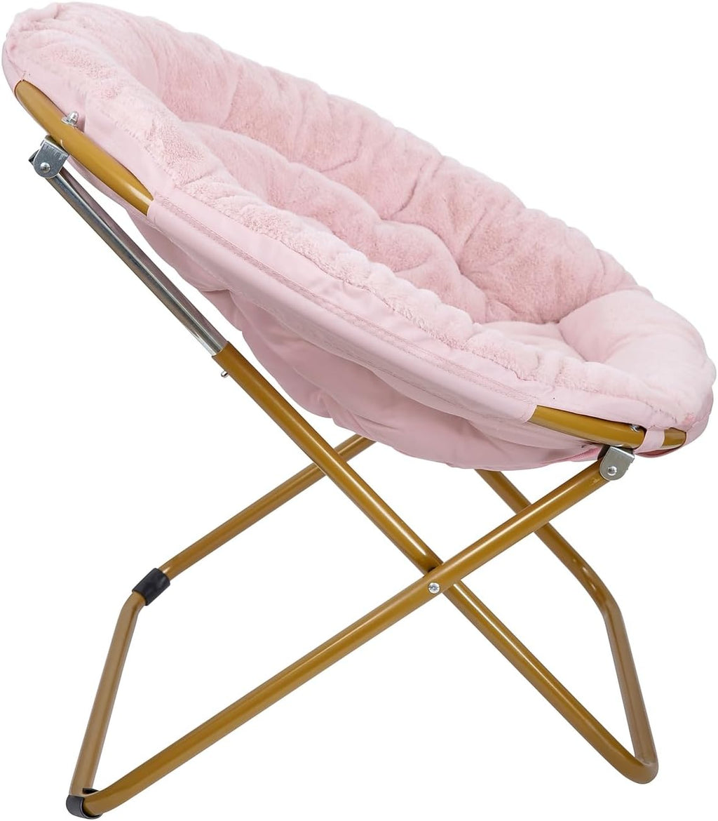 Flash Furniture Gwen Oversize Folding Saucer Chair - Blush Faux Fur Moon Chair - Soft Gold Metal Frame - 38' Portable Folding Chair - for Dorm and Bedroom