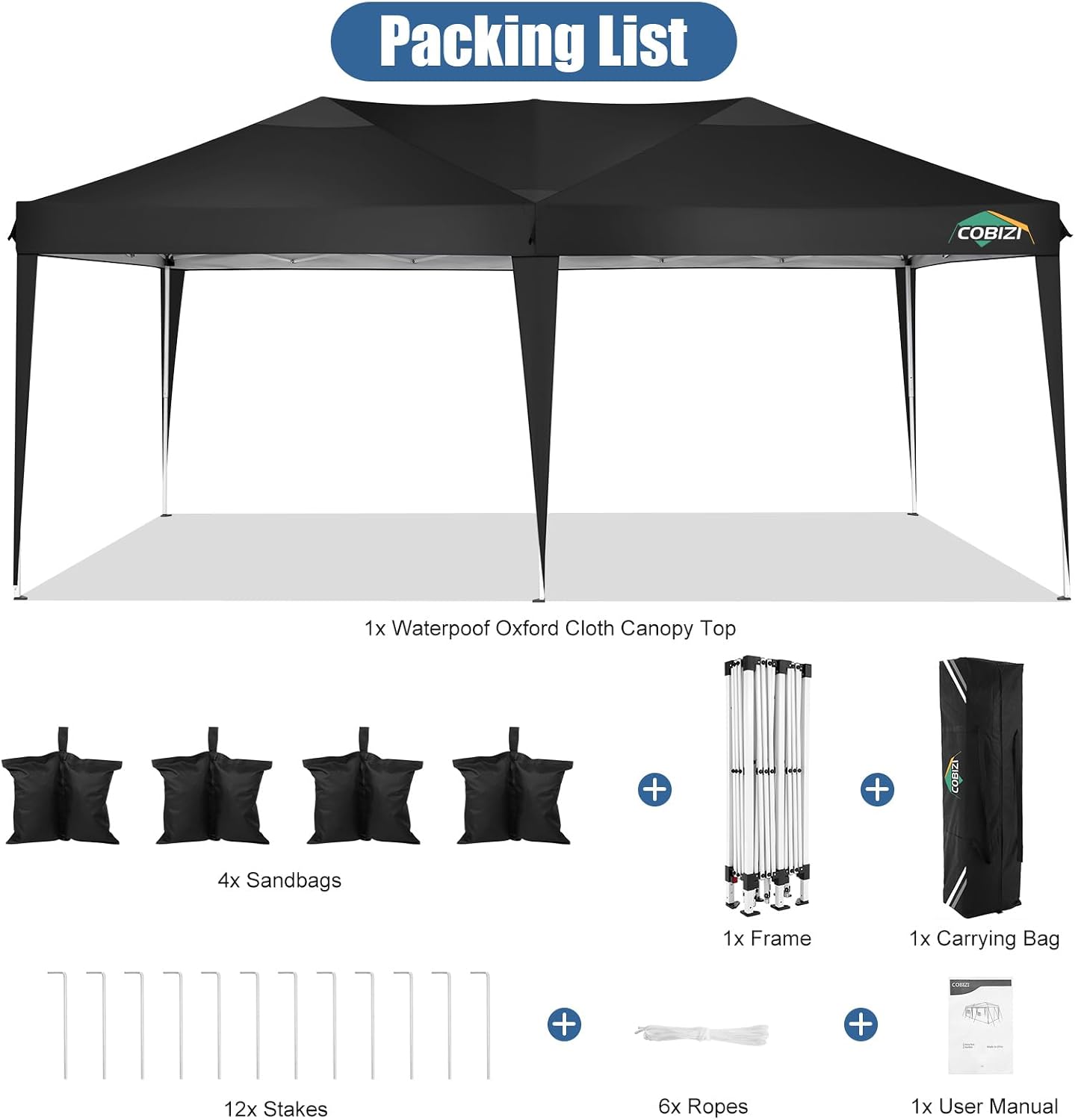 COBIZI 10x20 Pop Up Canopy Tent One Push Setup UV Protection 50+ Waterproof Party Tents for Parties Wedding Outdoor Commercial Event Gazebo Portable Instant Tent for Backyard Camping Carport,Black