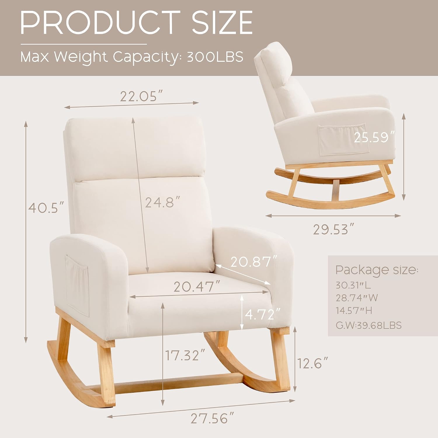 Rocking Chair Nursery - Glider Modern Accent Chairs Upholstered Nursing Rocker Padded Armchair for Indoor Living Room Bedroom Beige