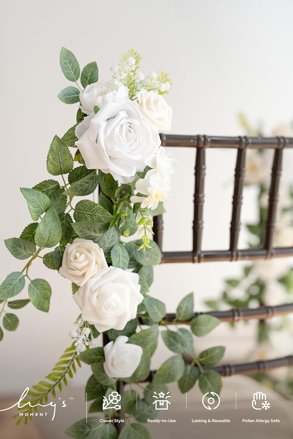 Ling's Moment 10pcs Wedding Chair Decorations Aisle Floral Swag Artificial Pew Flowers Hanging Garland White & Sage Green For Ceremony Reception Church Rose Floral Faux Arrangement Party Outdoor Decor