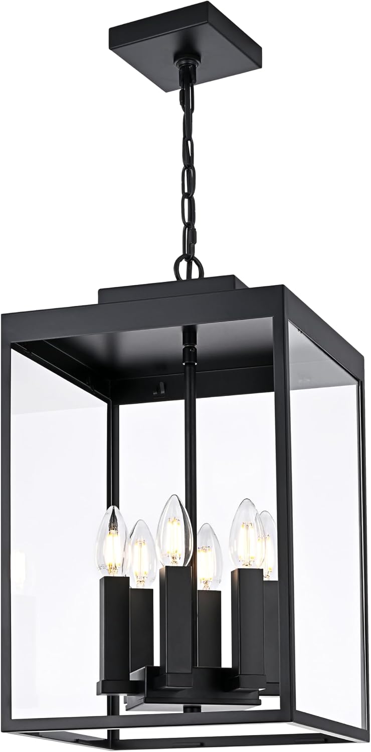 MELUCEE 16'' Large Outdoor Pendant Light Fixture, 6-Light Outdoor Chandelier for Porch Black Lantern Pendant Lights with Clear Glass Exterior Ceiling Lights Hanging for Porch Patio Gazebo Entrance