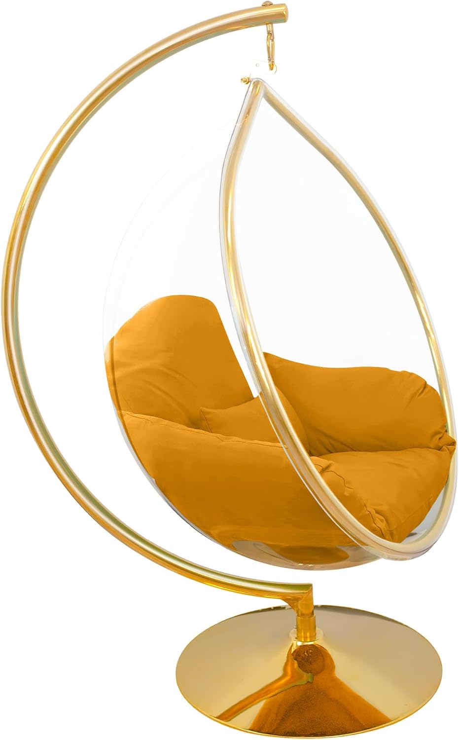 Hanging Chair - Transparent Acrylic Bubble, Waterdrop Shape, Indoor Swing Chair with Gold/Chrome Stand, Durable Fabric Cushion - Luxury Accent for Living Room, Bedroom (Gold/Yellow)