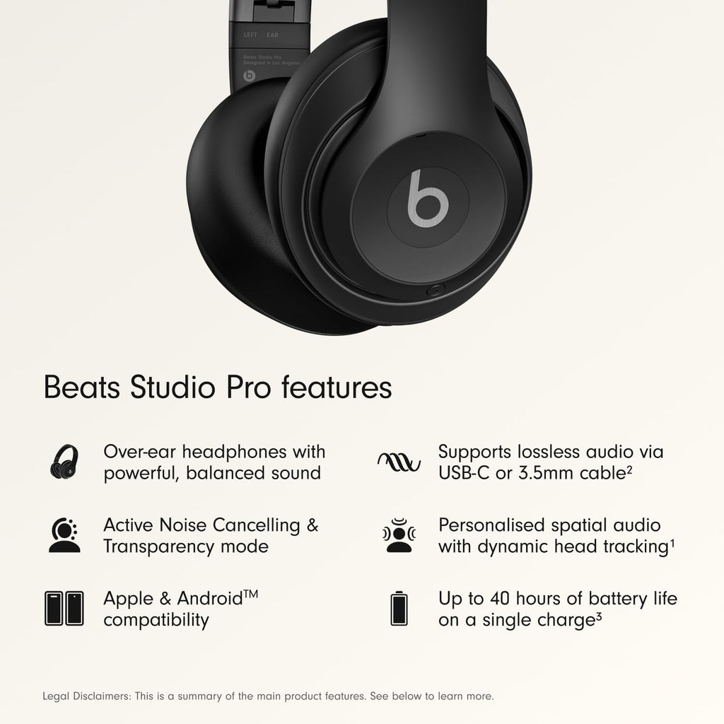 Beats Studio Pro Premium Wireless Over-Ear Headphones- Up to 40-Hour Battery Life, Active Noise Cancelling, Great for Travel & Commuting, USB-C Lossless Audio, Apple & Android Compatible -Black