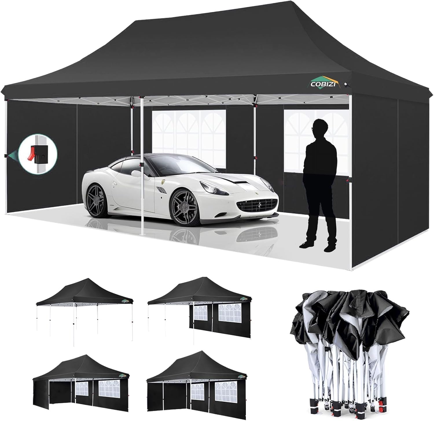 COBIZI 10x20ft Pop Up Canopy Tent with 6 Removable Sidewalls, Easy Up Commercial Canopy, Waterproof and UV50+ Gazebo with Portable Bag, Adjustable Leg Heights,Party Tents for Parties, with 4 Sandbags