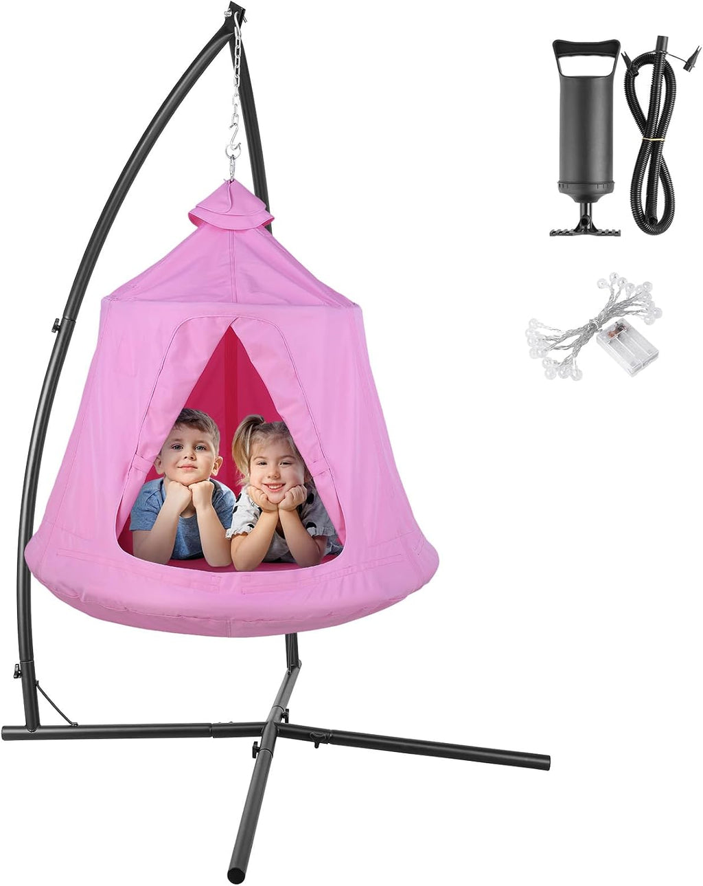 Arlopu Hanging Hammock w(Tree Tent & Metal Swing Chair) for Indoor/Outdoor, Egg Basket Patio Seat w/Adjustable Solid Stand, Porch Bedroom Balcony Chair (Pink)
