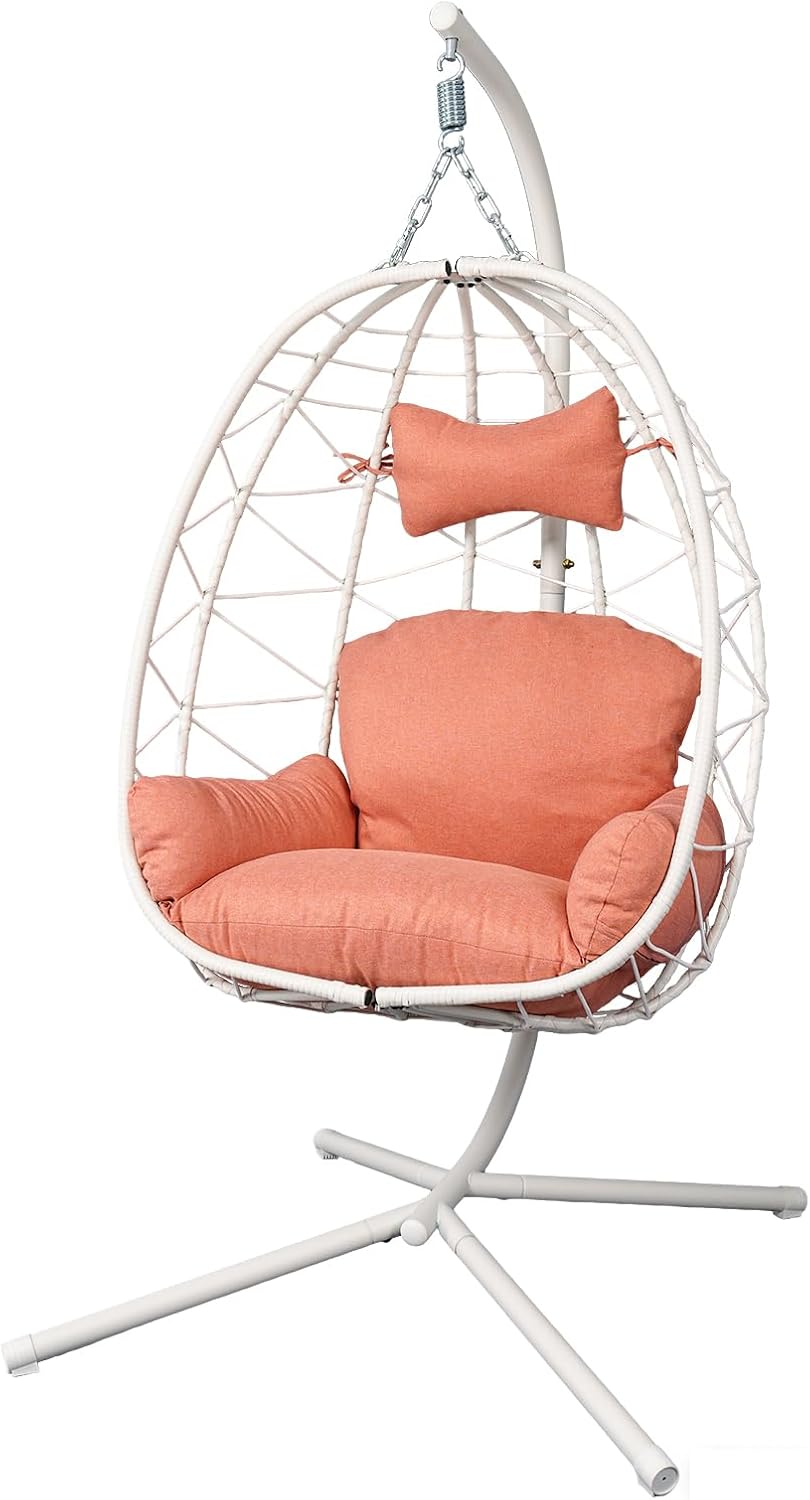 Egg Chair with Stand, Wicker Hanging Chair for Outdoor Patio, Cushioned Hammock Swing for Bedroom Garden Indoor/Outdoor, Double-Zipper Structure Hanging Egg Chair (White and Orange-red)