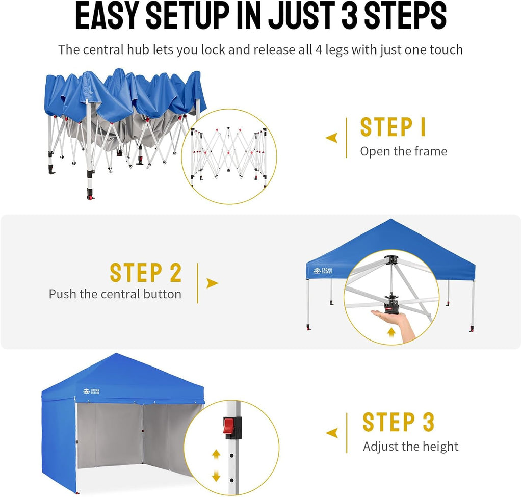 CROWN SHADES 10X10 Commercial Instant Canopy Pop Up Tent with Center Lock, 300D Fabric, 4 Sidewalls, Sto'N Go Bag, Blue