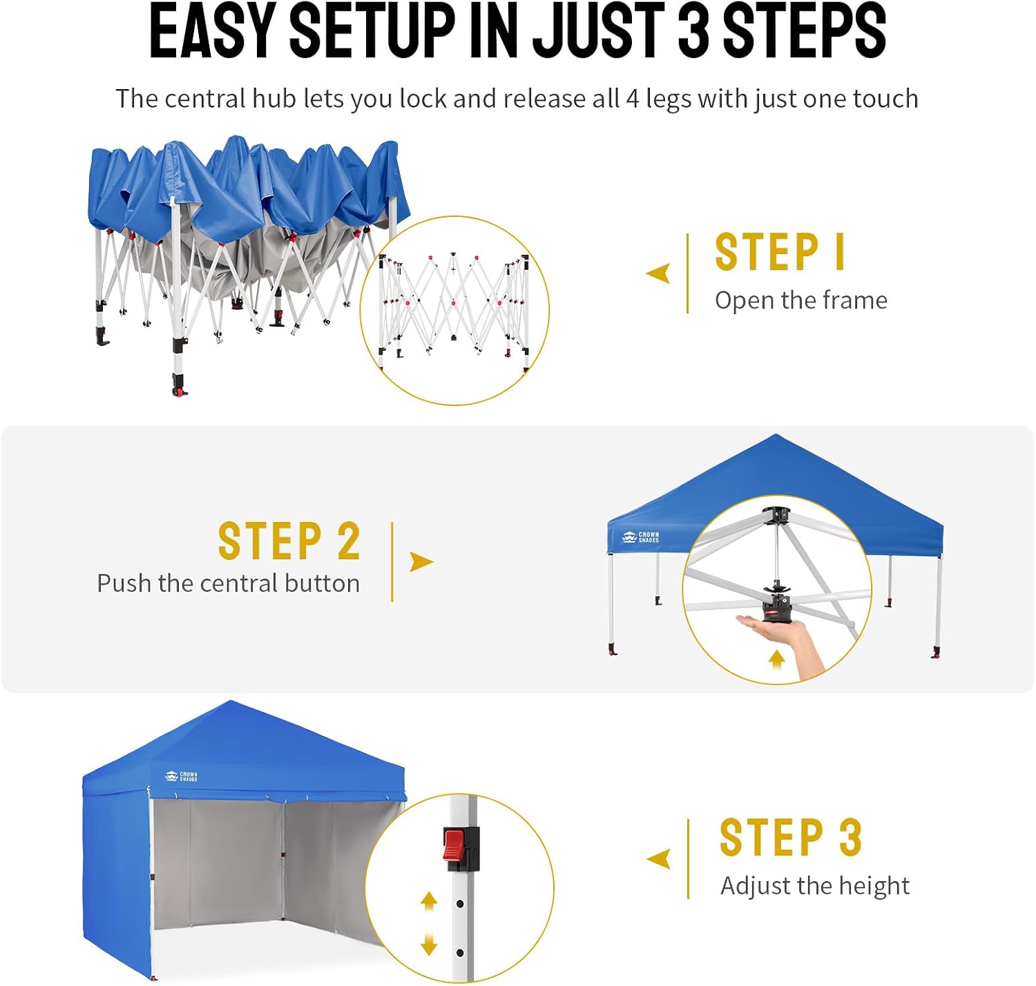 CROWN SHADES 10X10 Commercial Instant Canopy Pop Up Tent with Center Lock, 300D Fabric, 4 Sidewalls, Sto'N Go Bag, Blue