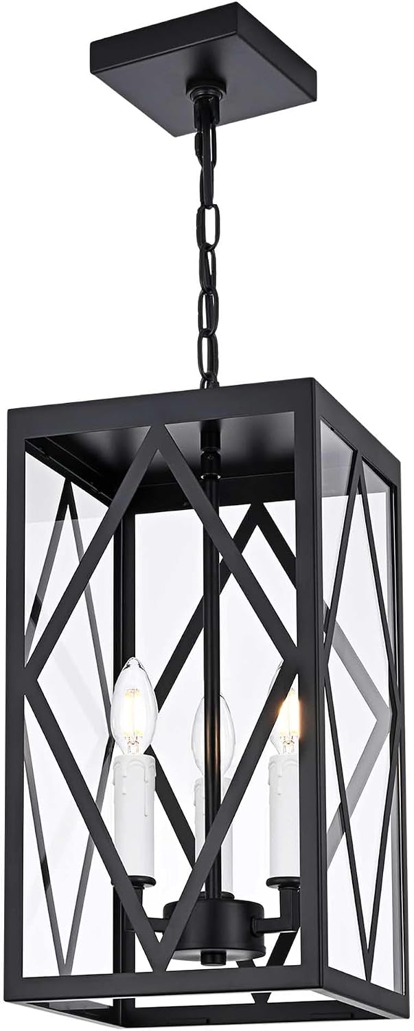 3 Light Outdoor Pendant Lights for Porch, 15.7'' Waterproof Exterior Hanging Porch Lights Ceiling Mount Outdoor Chandelier with Clear Glass for Front Porch Gazebo Patio, White Socket