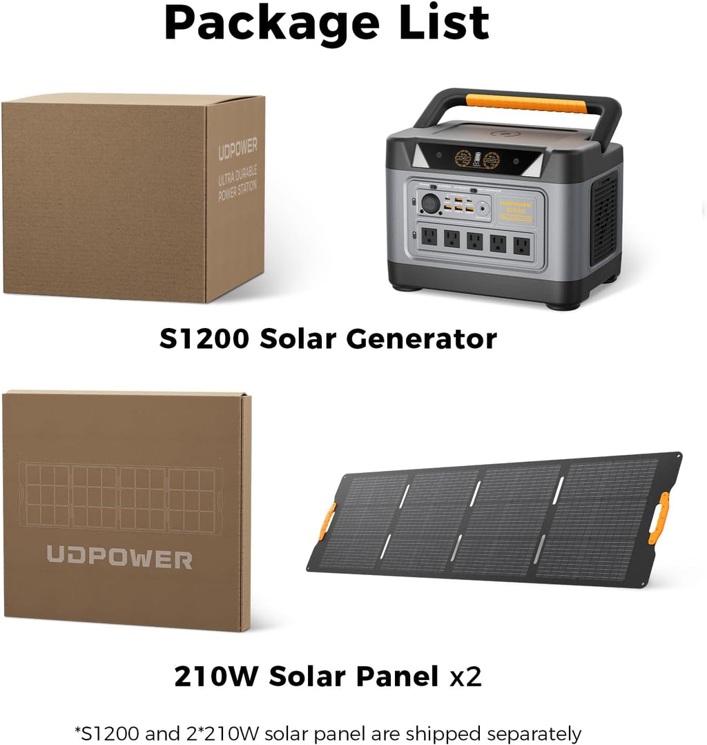 UDPOWER S1200 Solar Generator with 420W Panel, 1190Wh LiFePO4, 1200W (Surge 1800W) UPS, 1.5H Fast Charge, for Home Backup Outdoor RV Emergency