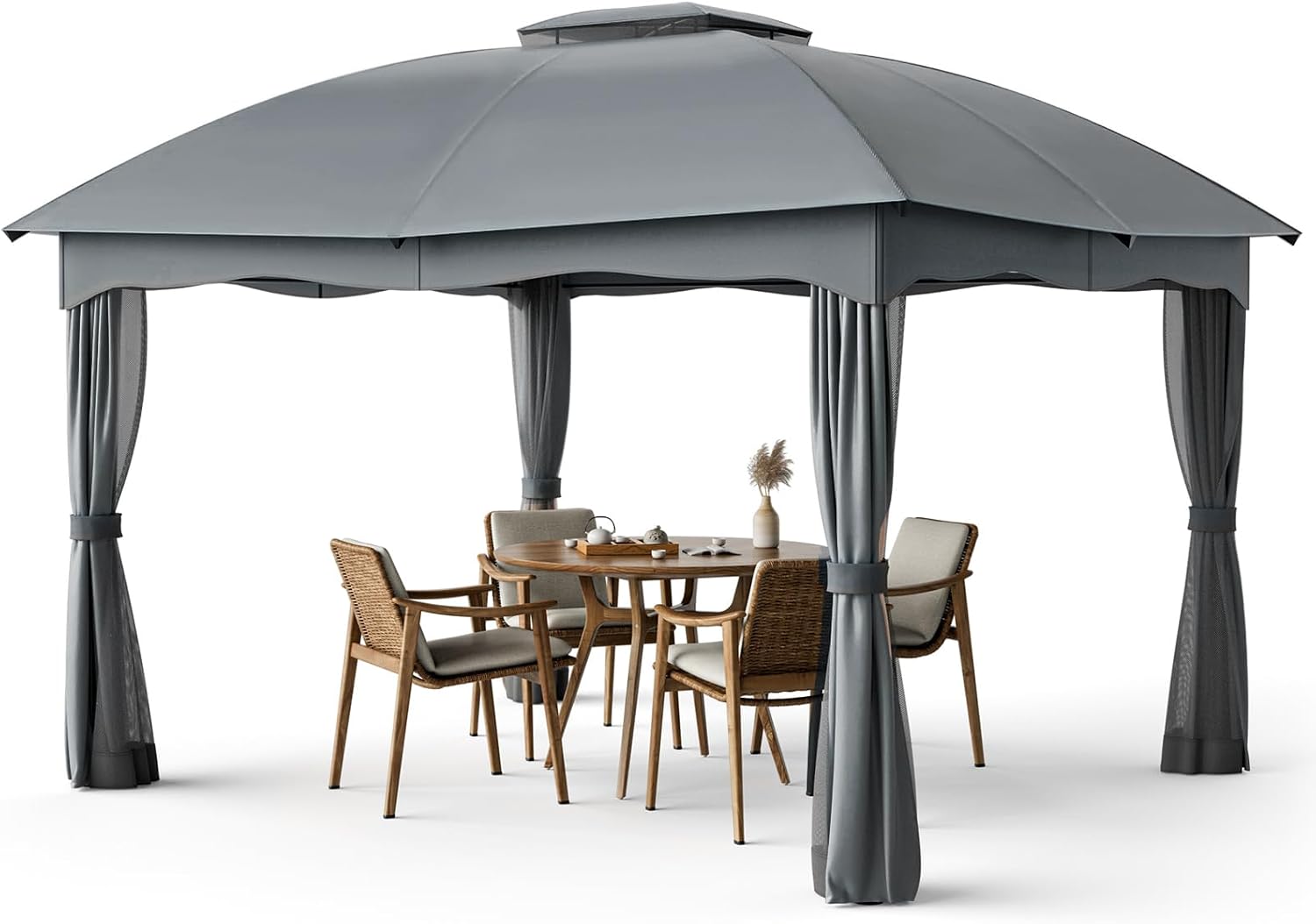Tangkula 12x10 Ft Patio Gazebo, Double Vented Gazebo with Zippered Privacy Curtains, Mesh Screen Netting, Outdoor Steel Gazebo for Deck, Garden, Yard, Poolside (Grey)