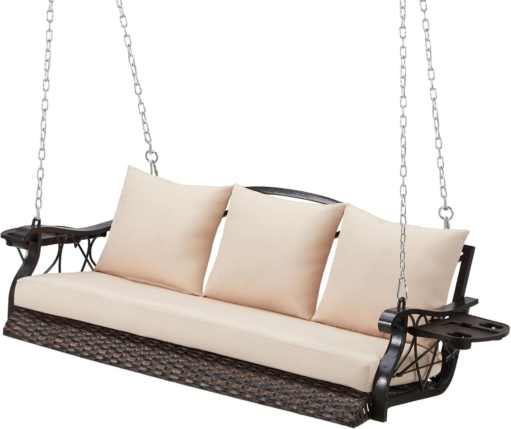 ZZW 3-Person Wicker Porch Swing Chair Heavy Duty 900 LBS Outdoor Rattan Patio Swing Chair w/Cup-Holder & Steel Chains Hanging Bench Porch Swing Cushions for Deck & Backyard & Garden