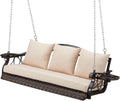 ZZW 3-Person Wicker Porch Swing Chair Heavy Duty 900 LBS Outdoor Rattan Patio Swing Chair w/Cup-Holder & Steel Chains Hanging Bench Porch Swing Cushions for Deck & Backyard & Garden