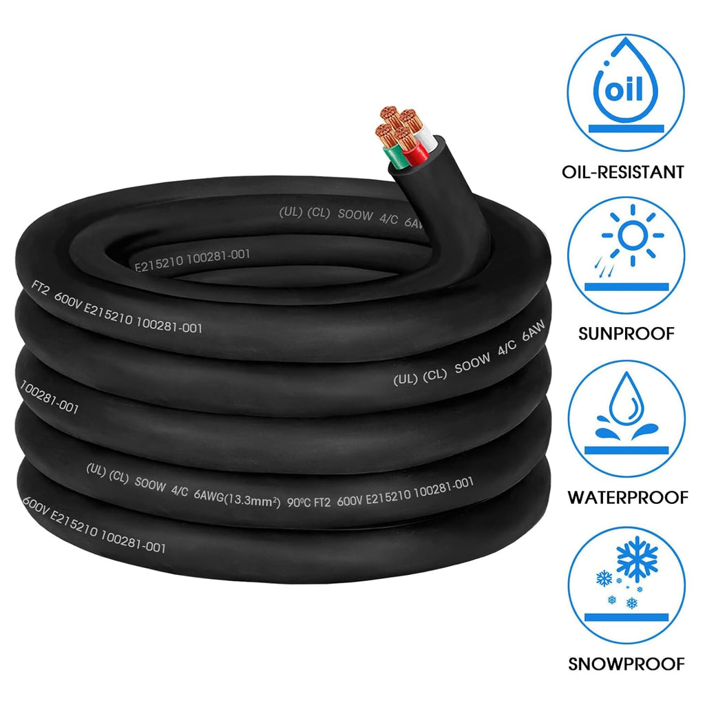 20ft 6/4 Wire SOOW Cable 6/4 Portable Power Cable,6 Gauge Wire 4 Conductor 600V SOOW Electrical Wire,50amp Extension Cord for Welder,Generator,Industrial SOOW Bulk Cord with UL, Outer Dia 27.2mm