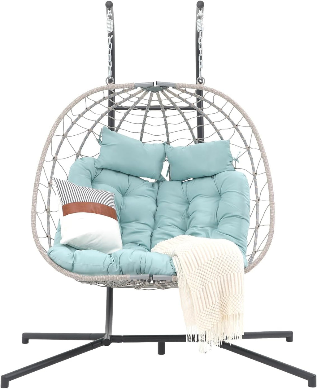 Patiorama 2 Person Double Egg Swing Chair with Stand Indoor Outdoor, Patio Wicker Rattan Hanging Egg Chair w/Cushion, Pillow, Foldable Hammock Chair 550lbs for Bedroom, Balcony, Garden (Light Blue)