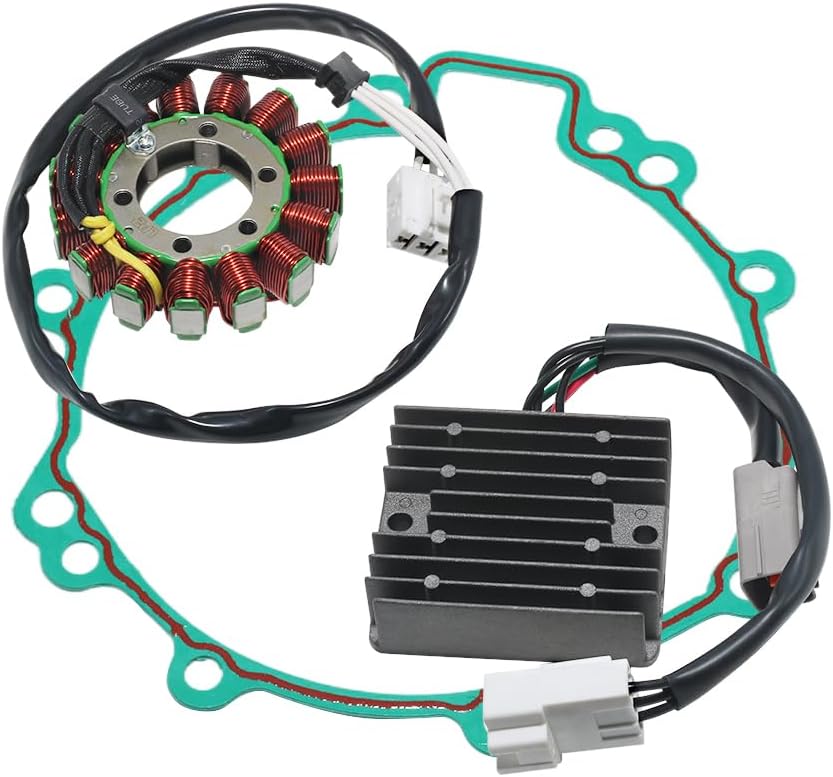 Stator Coil, Regulator Rectifier, Gasket Set Compatible with for Kawasaki ZX600 Ninja 600 ZX6R ZX-6R 2007-2008, Stator OEM: 21003-0049 Rectifier OEM: 21066-0025 Gasket Generator Cover OEM: 11061-0249