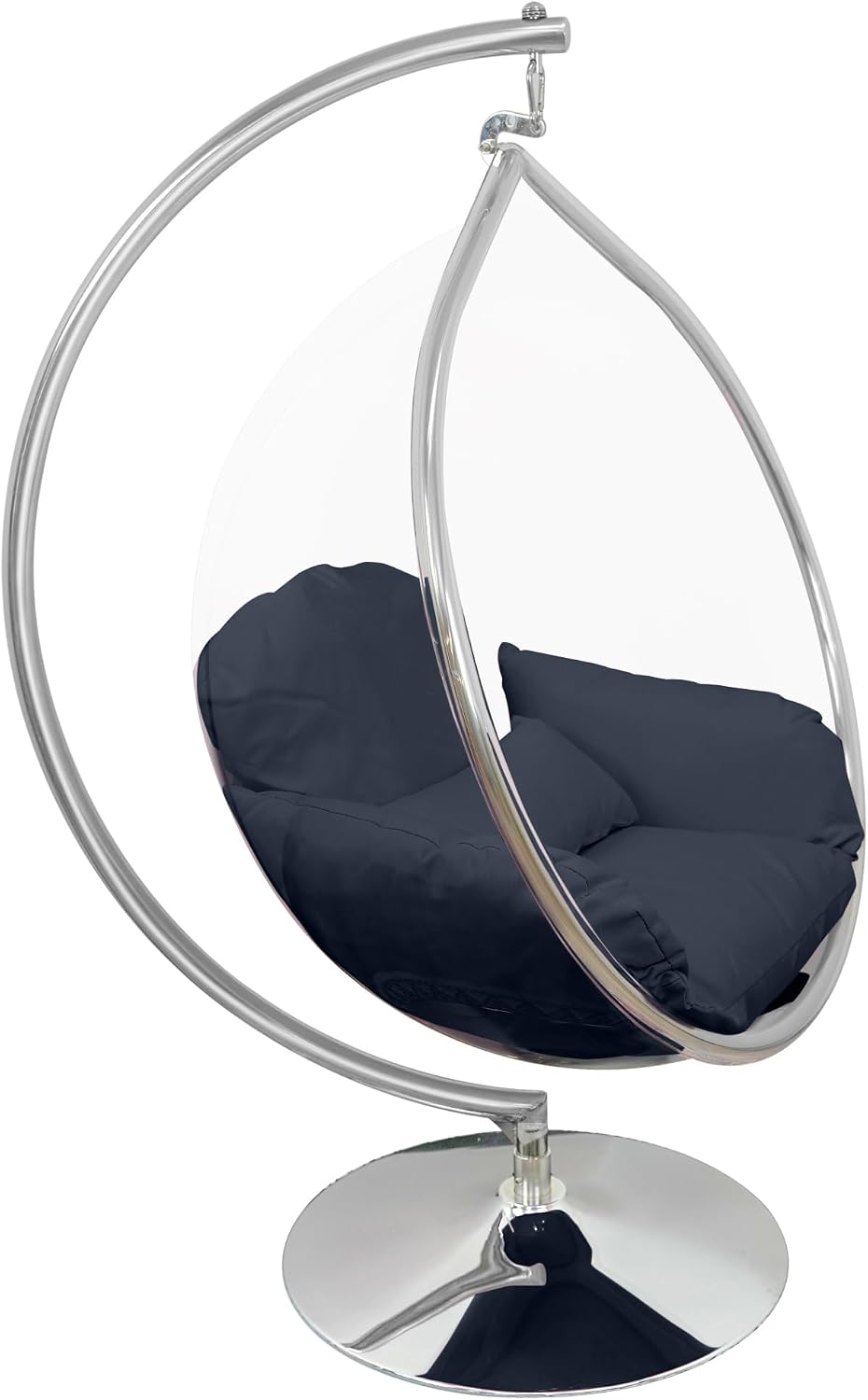 Hanging Chair - Transparent Acrylic Bubble, Waterdrop Shape, Indoor Swing Chair with Gold/Chrome Stand, Durable Fabric Cushion - Luxury Accent for Living Room, Bedroom (Chrome/NavyBlue)