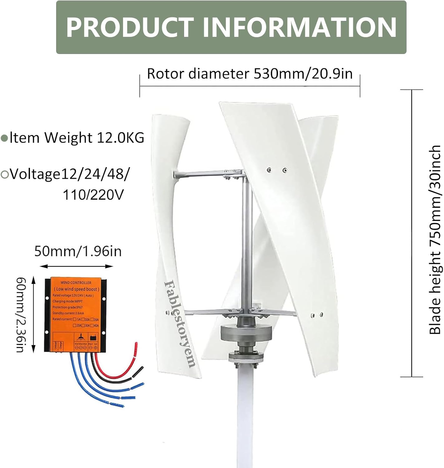 14000W Vertical Wind Generator, 3-Blade Home Magnetic Levitation Vertical Wind Turbine, Waterproof Charge Controller - for Home Use,White-12V