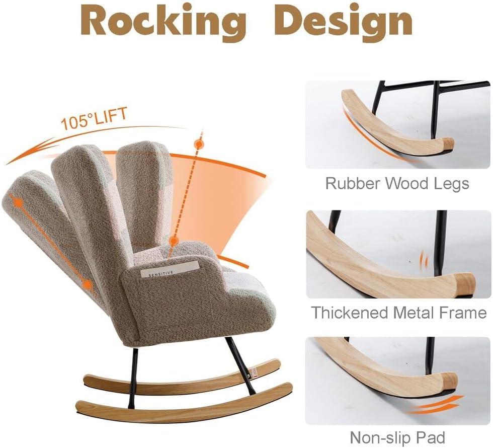 Nursery Rocking Chair Teddy Upholstered Glider Rocker Rocking Accent Chair with High Backrest Armchair Comfy Side Chair for Living Room, Bedroom, Offices (Brouce)