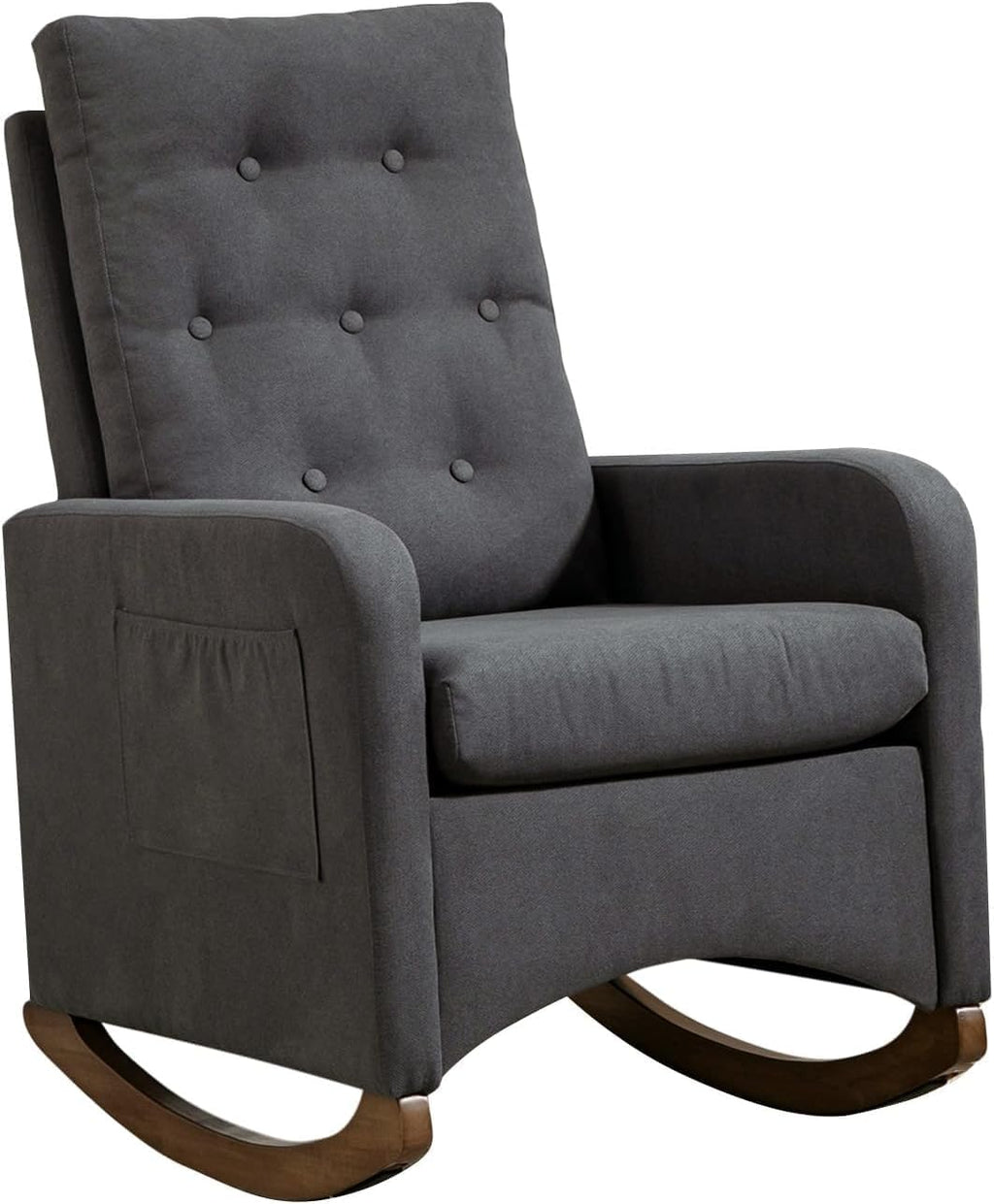Nursery Rocking Chair, Comfy Upholstered Glider Rocker Armchair with Rubber Wood Legs High Back and Side Pocket for Living Room Bedroom, Deep Grey