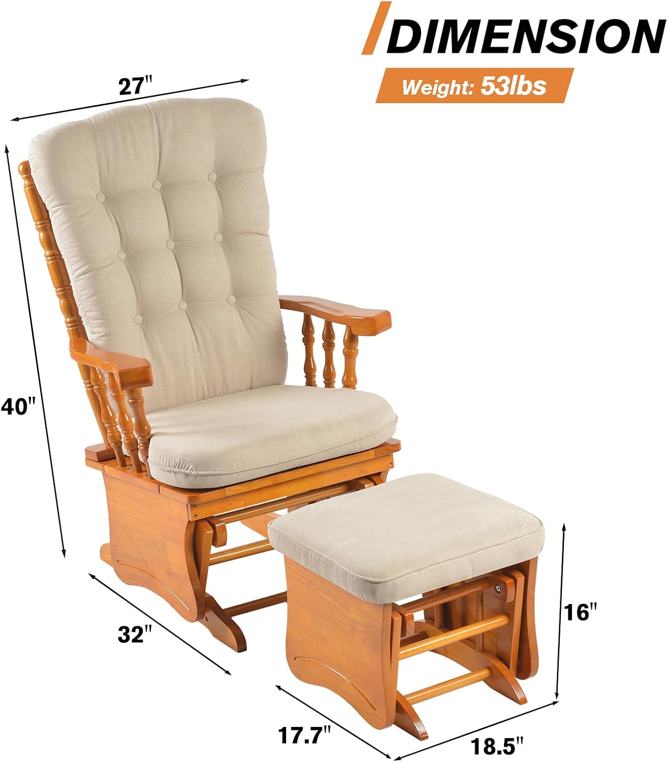 Anti-Pinch Solid Wood Hand Glider Rocking Chair Set with Ottoman, with Padded Cushion, Rustic Rubber Wood Nursery Glider for Nursing, Relaxing, Living Room, Bedroom, Honey Colored
