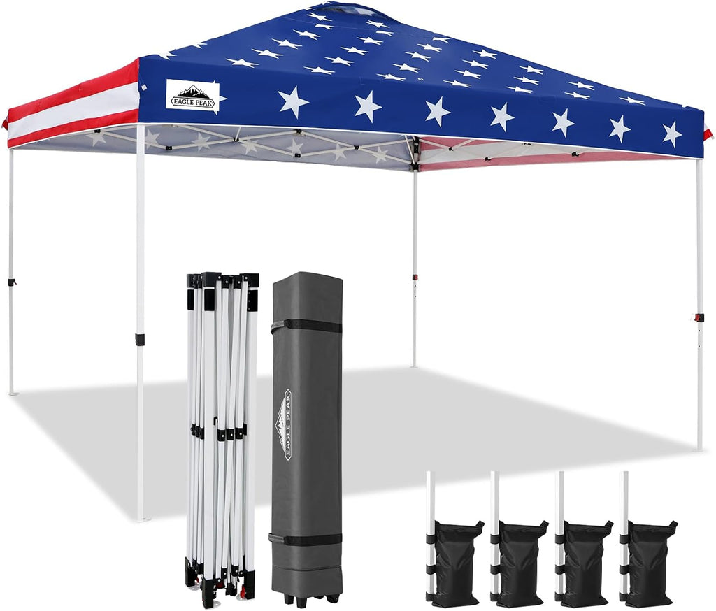 EAGLE PEAK Pop Up Canopy Tent with Wheeled Carry Bag, 8 Stakes, 4 Ropes, 4 Weight Bags, Easy Set Up Tent Canopy, 12x12 ft, 144sqft of Shade, American Flag