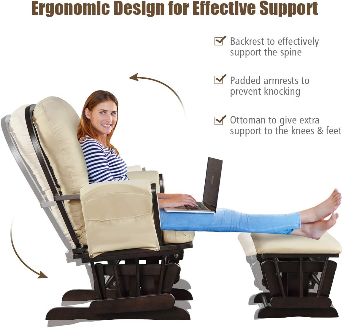 Costzon Nursery Glider with Ottoman, Upholstered Comfort Glider Rocker with Padded Cushion, Storage Pocket, Solid Wood Base, Rocking Chair Nursery for Breastfeeding, Napping (Beige)