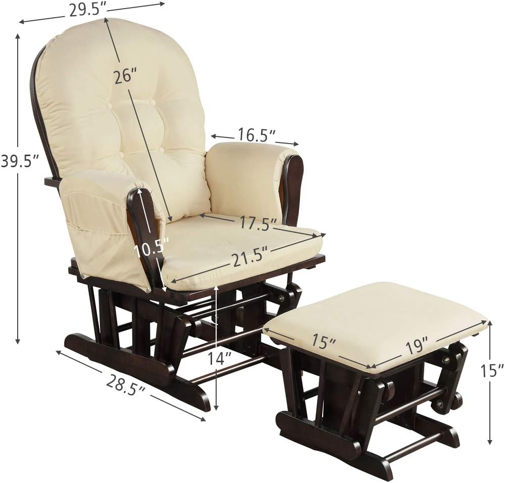 Costzon Nursery Glider with Ottoman, Upholstered Comfort Glider Rocker with Padded Cushion, Storage Pocket, Solid Wood Base, Rocking Chair Nursery for Breastfeeding, Napping (Beige)
