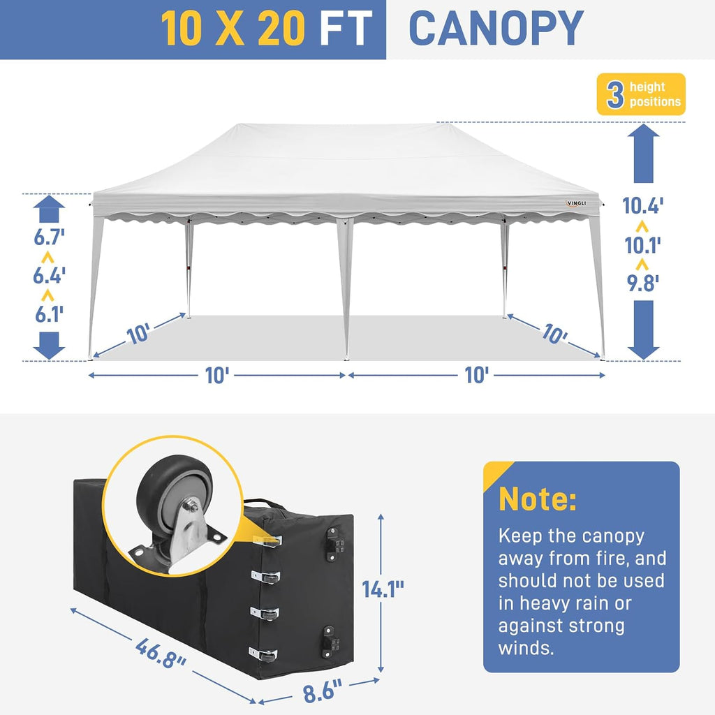 VINGLI 10x20 Pop Up Canopy Tent with Sidewalls, Commercial Outdoor Canopy Tent Pop Up Gazebo Party Tent Wedding Tents with Sandbags & Rolling Bag