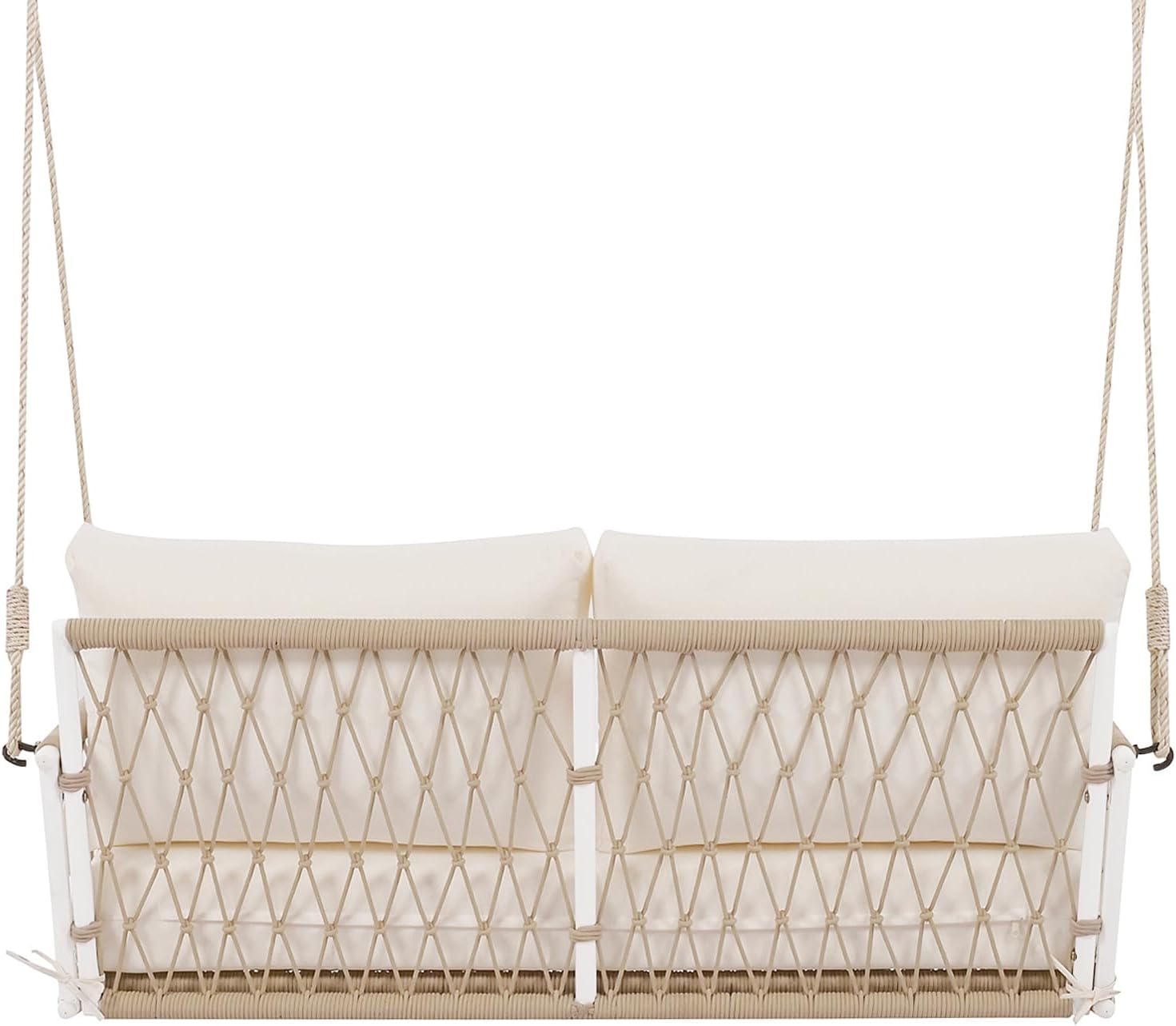 LUMISOL 2-Person Outdoor Porch Swing, 51.6' Woven Rope Swing Bench with Soft Cushions, Patio Hanging Chair for Balcony Porch Garden, Beige