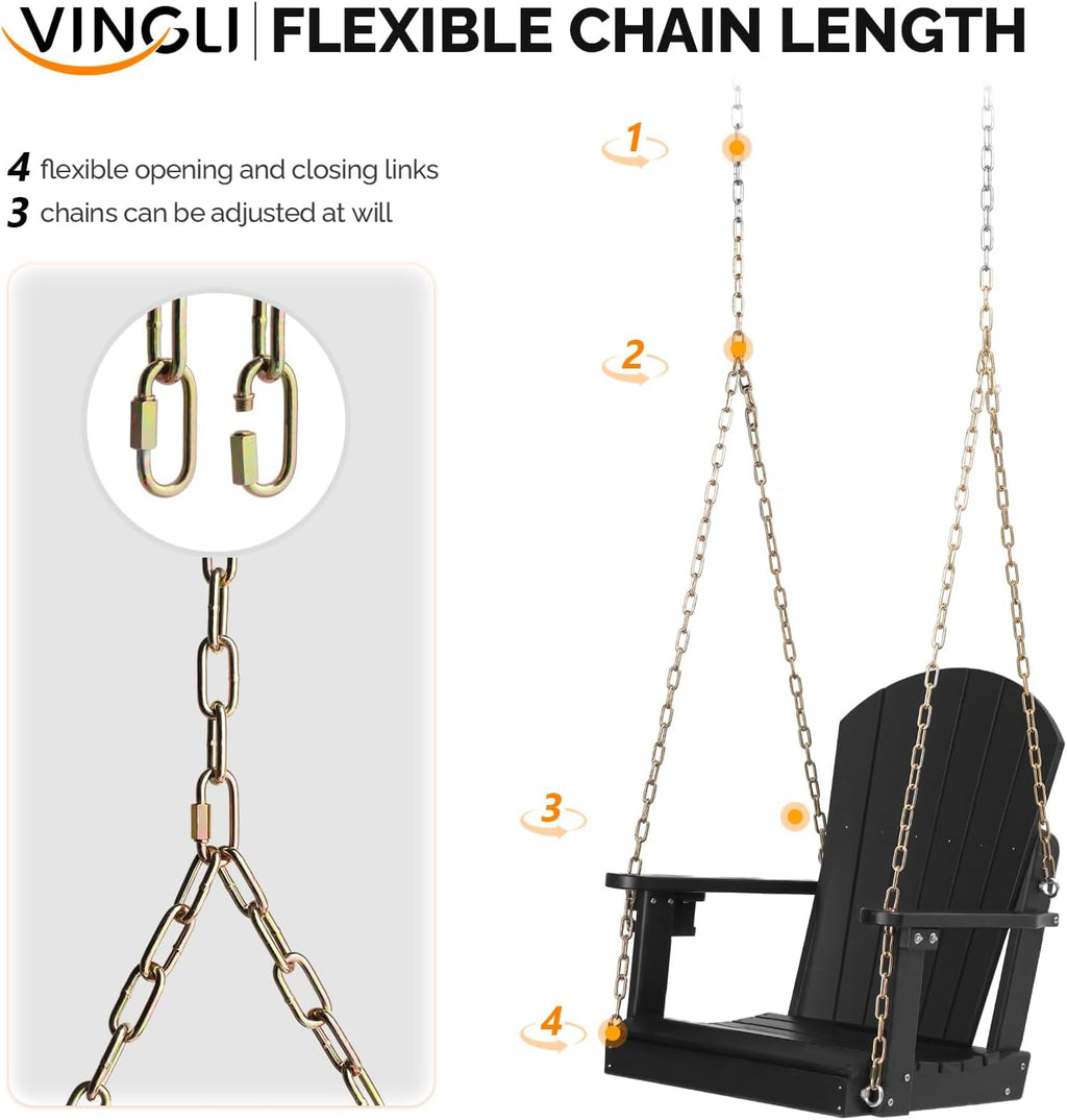 VINGLI Heavy Duty 880 LBS HDPE Porch Swing Outdoor with Rotatable Cup Holder, 1-Person Patio Hanging Swing with Adjustable Chains, Scalloped Backrest for Porch, Yard, Tree, Garden (Black)