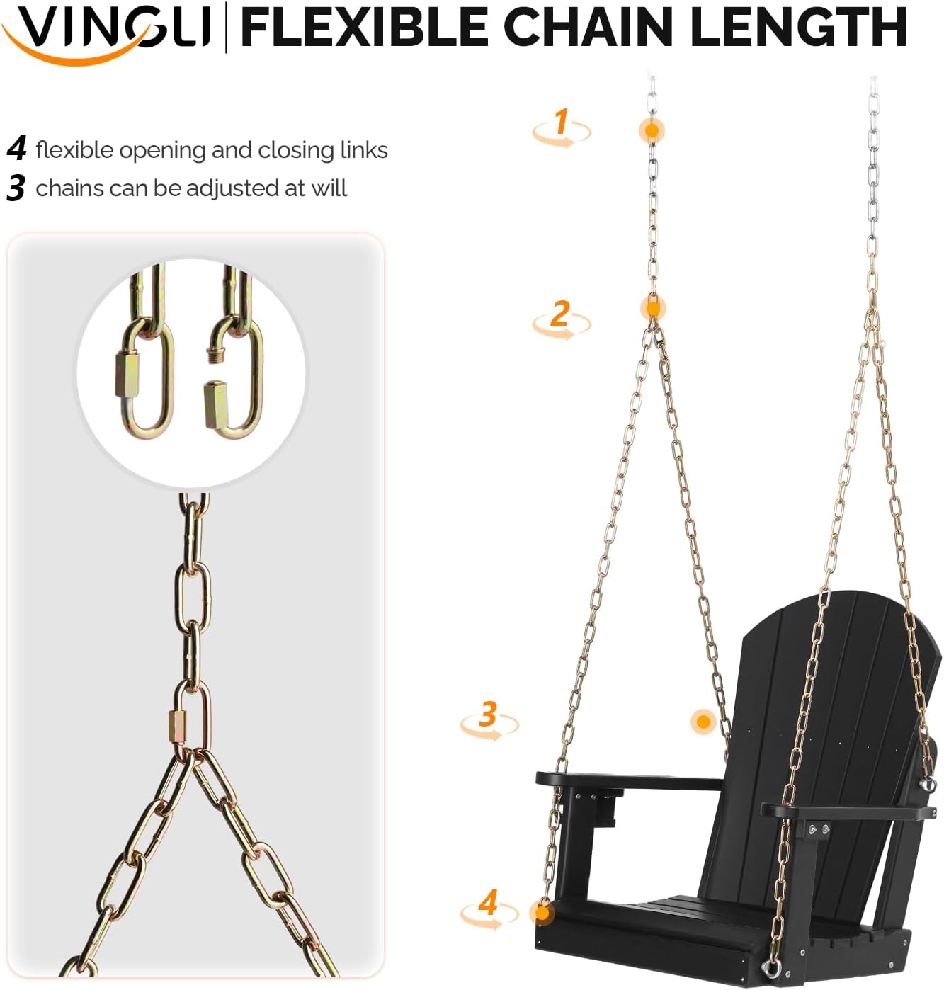 VINGLI Heavy Duty 880 LBS HDPE Porch Swing Outdoor with Rotatable Cup Holder, 1-Person Patio Hanging Swing with Adjustable Chains, Scalloped Backrest for Porch, Yard, Tree, Garden (Black)