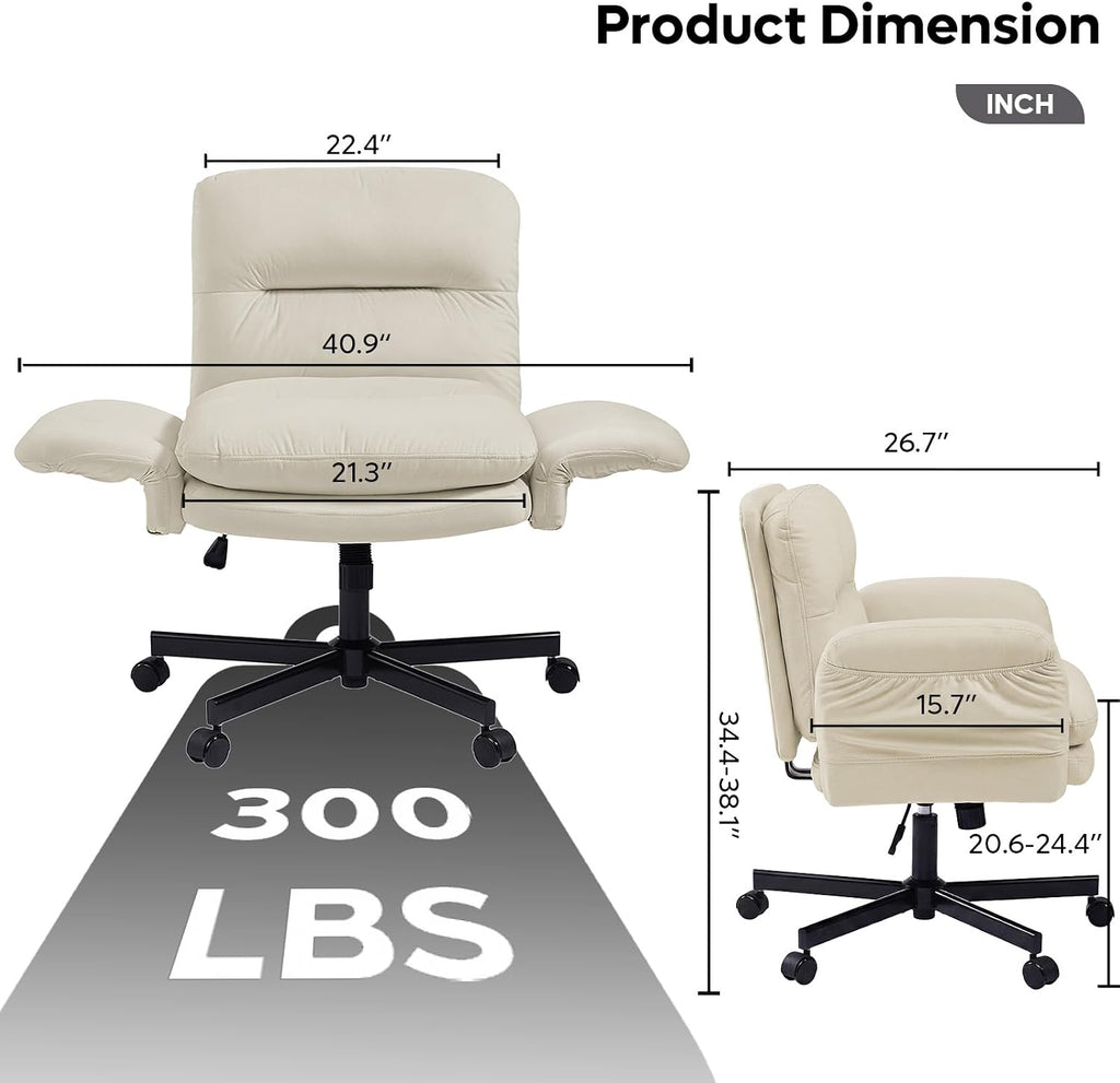Bestier Criss Cross Office Chair with Flip-Up Armrests, Swivel Makeup Vanity Chair with Wheels & Side Pockets, Cross Legged Office Chair for Home Office, Bedroom, Beige PU Leather