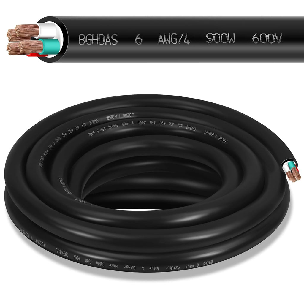 6ft 6/4 6 AWG Portable SOOW Cable (4 Conductor) - SOOW 600V 6 Gauge Electric Wire for Motor Lead, Welder, Generator, Portable Lights, RV/EV Car Chargers and Machinery - 6 Feet Electrical So Cord