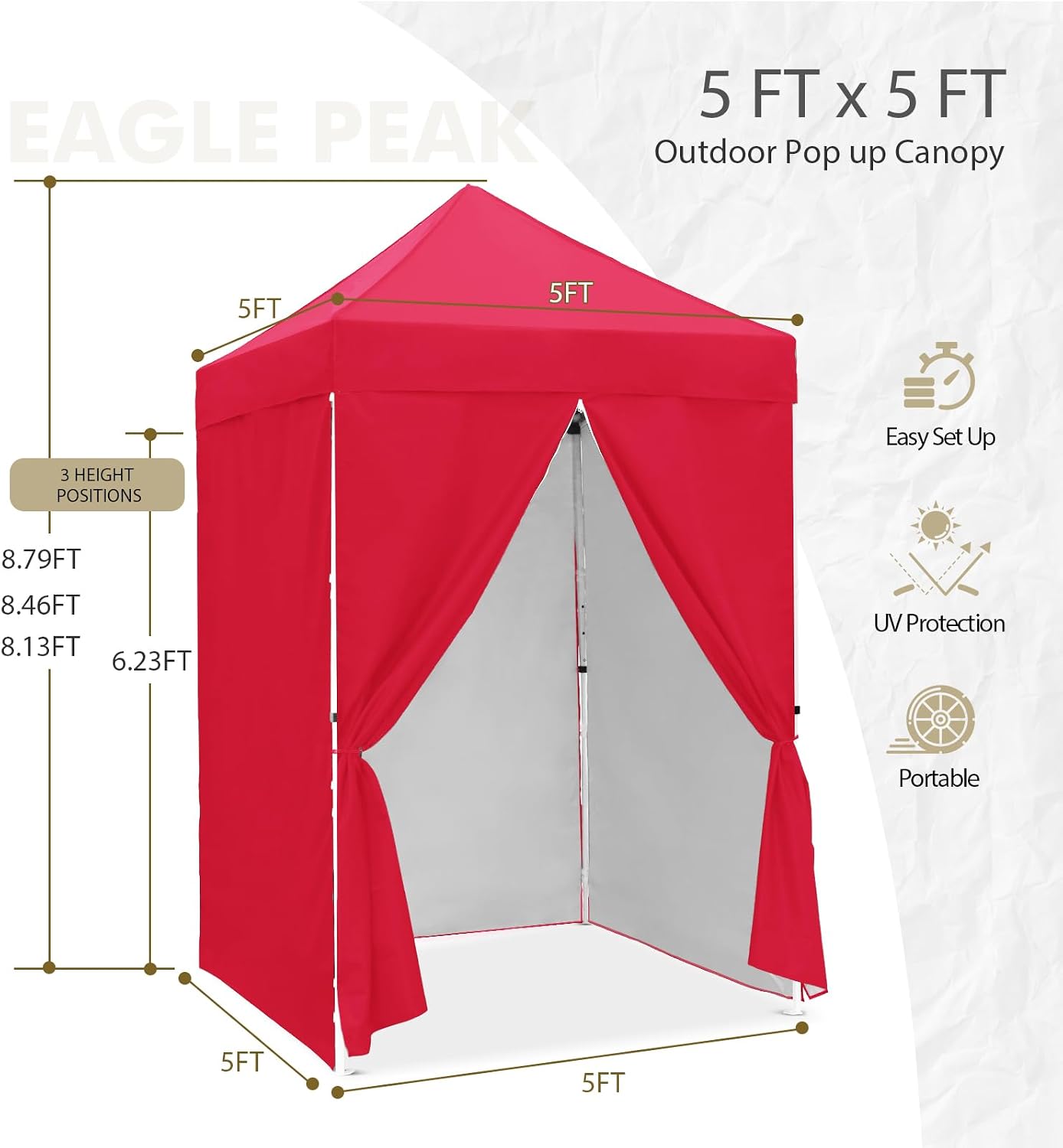 EAGLE PEAK 5x5 Instant Canopy with 4-Side Wall Panels, Small Pop up Portable Canopy Tent with Carry Bag, Light Weight Sun Shelter for Sports, Camping and Beach, Red